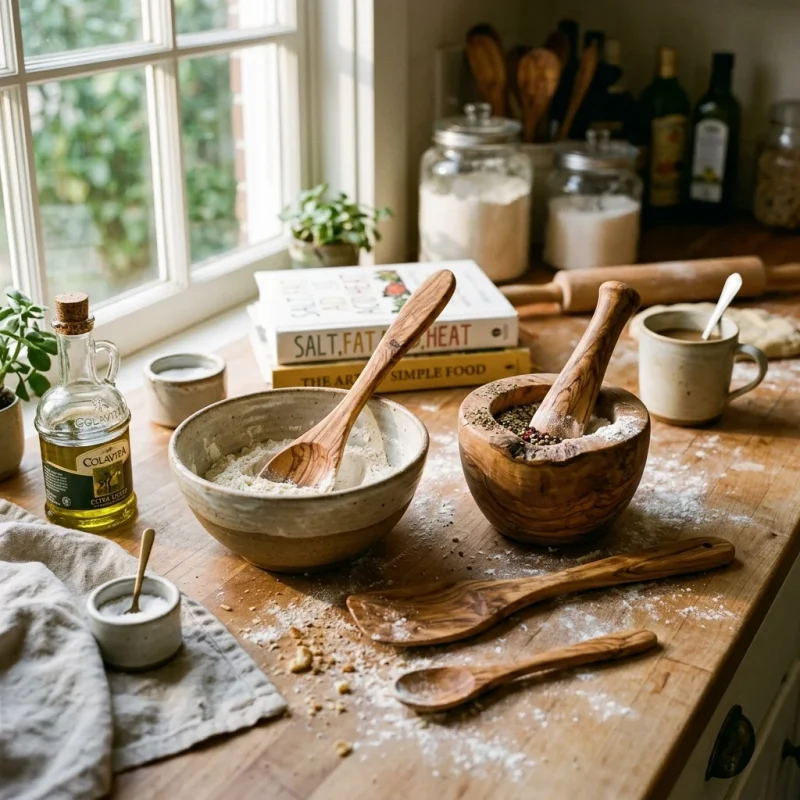 Ustensiles de cuisine en bois d’olivier, bol et mortier sur un plan de travail