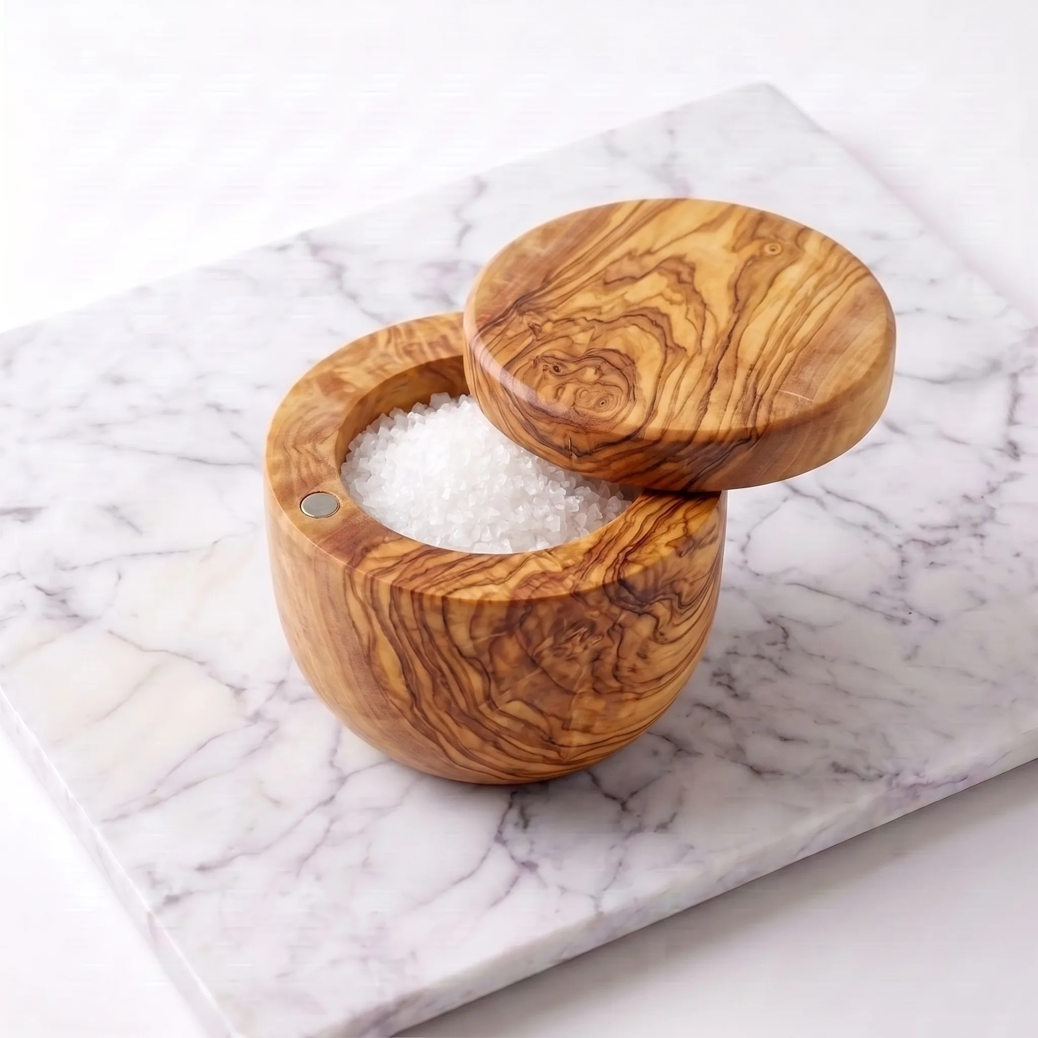 Olive wood swivel-lid cellar open and filled with salt on light marble