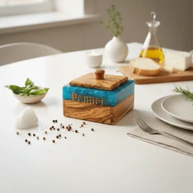Boîte à poivre carrée en bois d’olivier et résine