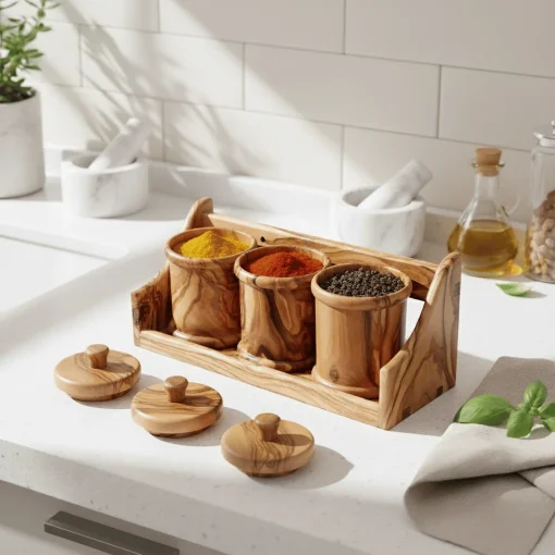 Set de 3 pots à épices ronds en olivier