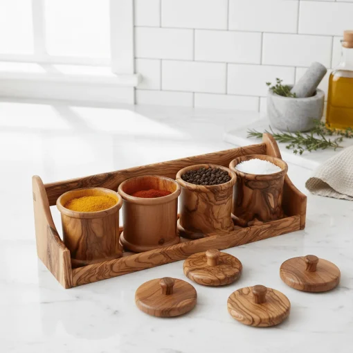 Set de 4 pots à épices ronds en olivier