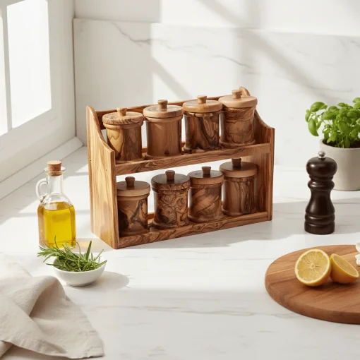 Set de 8 pots à épices ronds en olivier