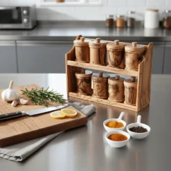 Set de 8 pots à épices ronds en olivier – vue 3