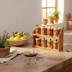 Set de 8 pots à épices ronds en olivier – vue 4