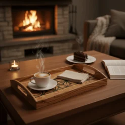 Plateau de service en bois d’olivier avec incrustation florale en époxy – vue 5
