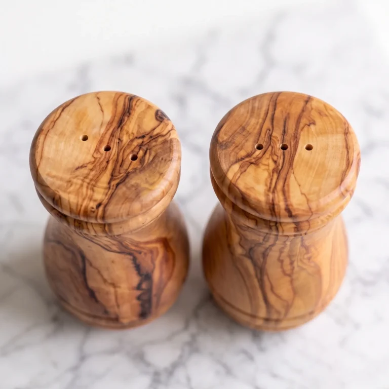 Close studio view of the three aligned holes on the olive wood salt and pepper shakers