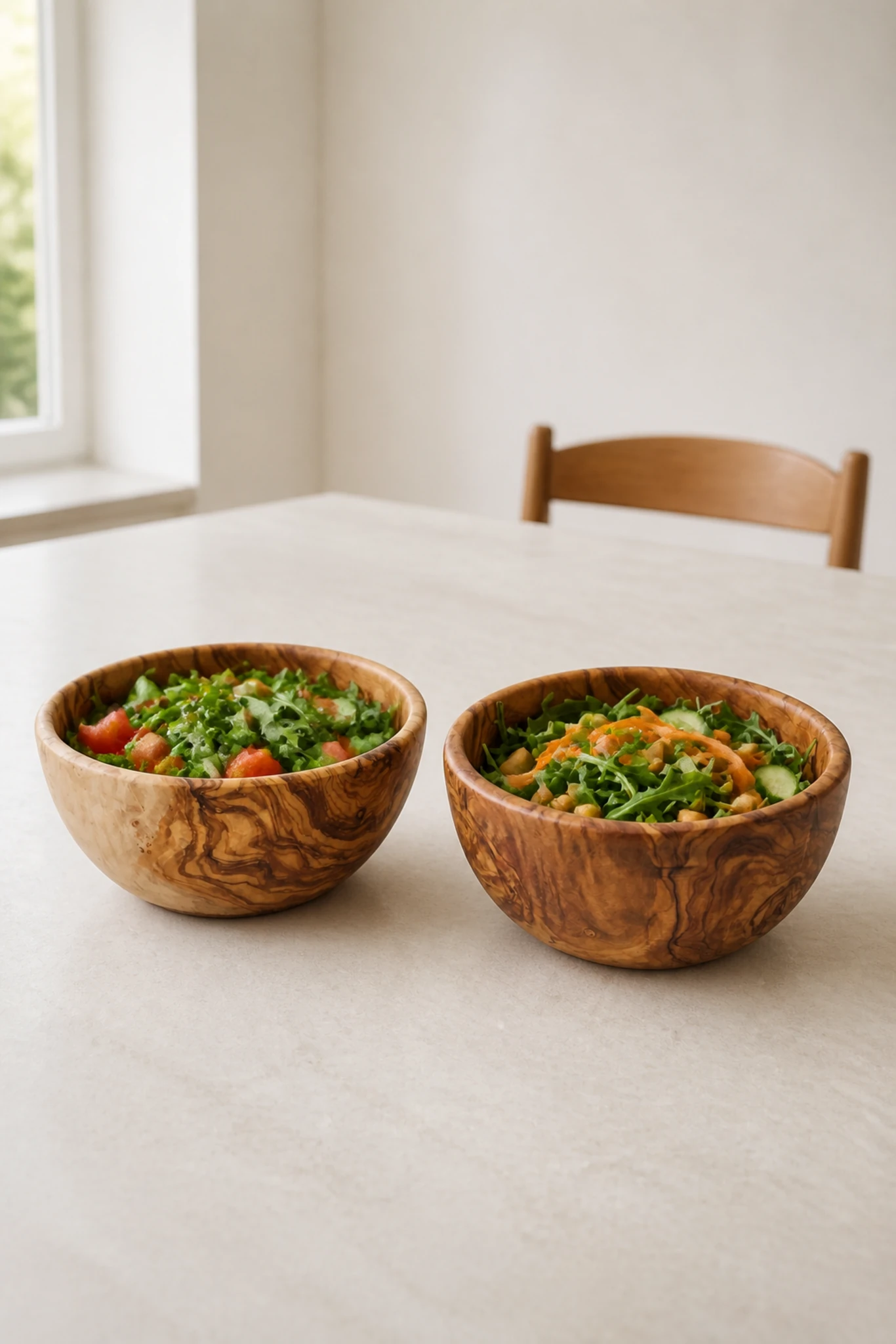 Deux saladiers en bois d’olivier remplis de salades sur une table claire