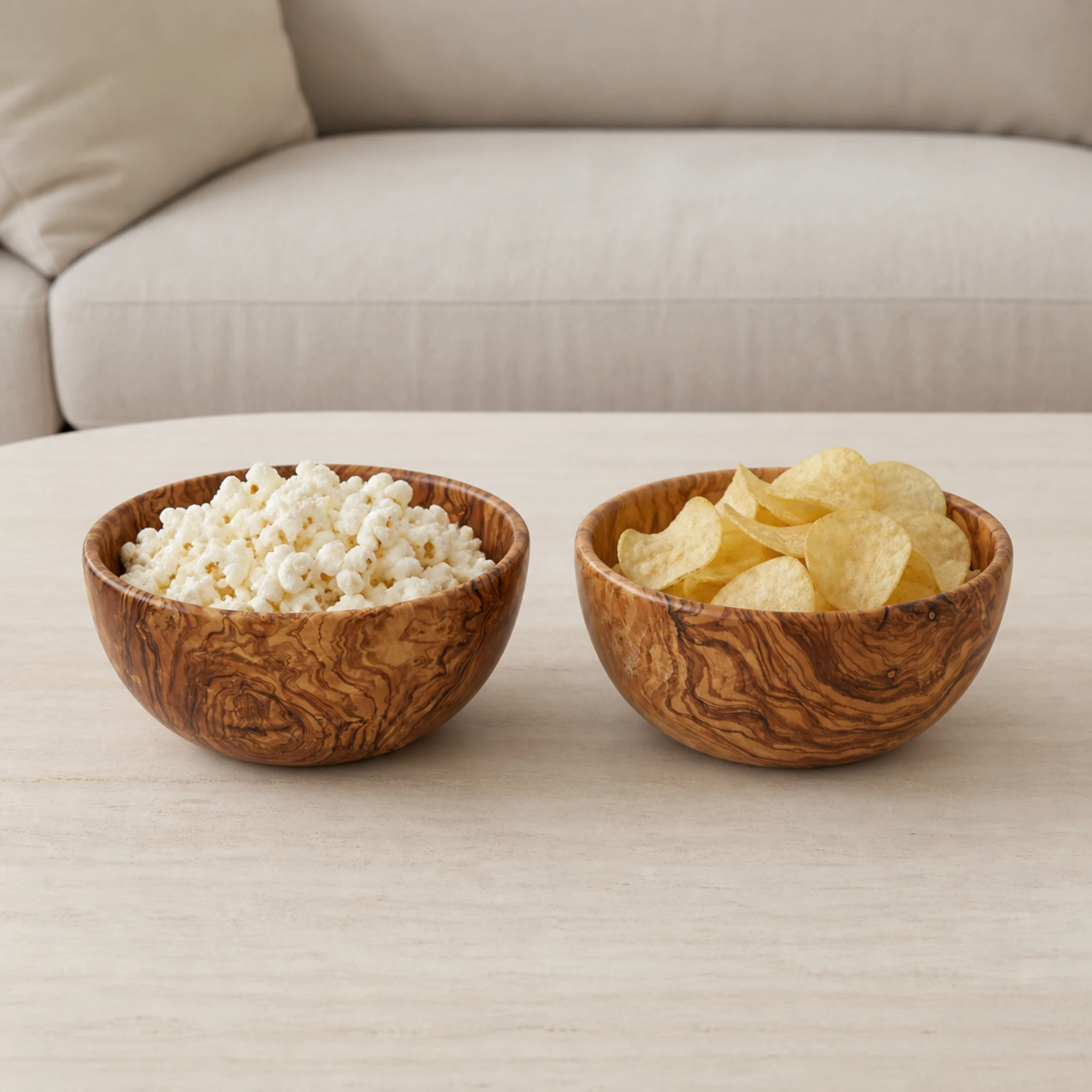 Duo de saladiers en bois d’olivier avec popcorn et chips dans une ambiance apéritive naturelle