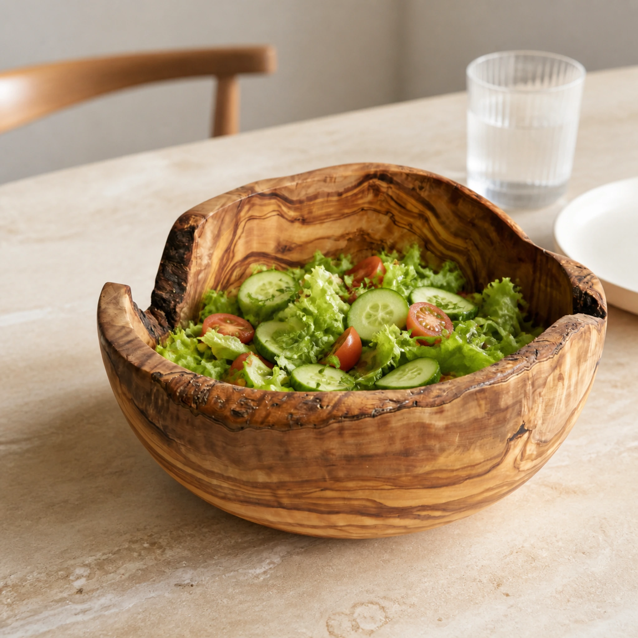 Grand saladier rustique en bois d’olivier de 28 cm rempli d’une salade