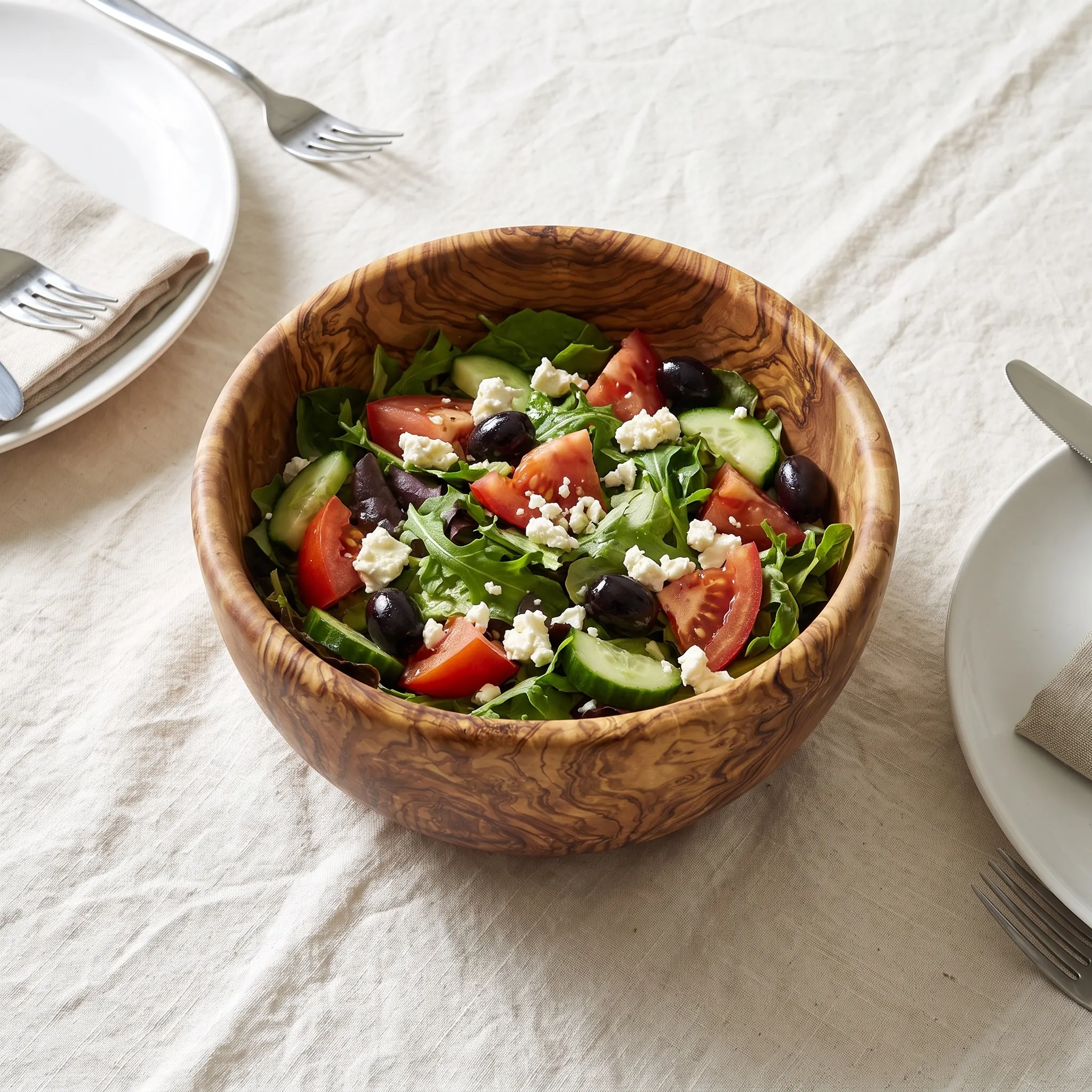 Saladier en bois d’olivier de 30 cm rempli de salade sur une table