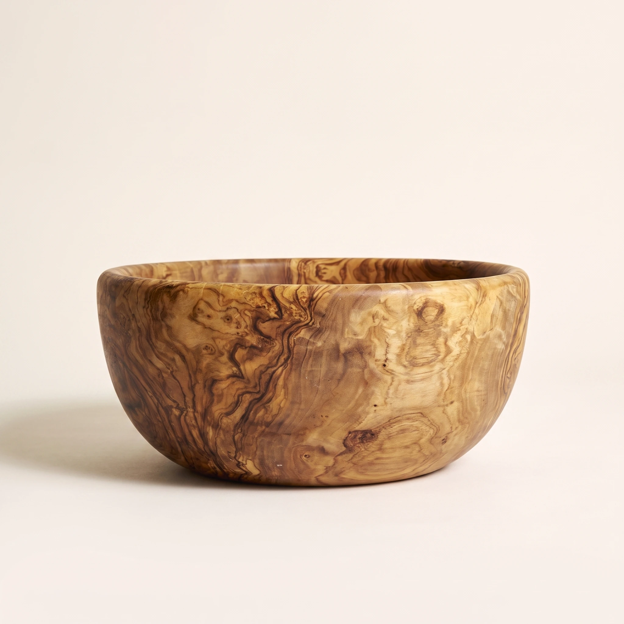 Vue de profil rapprochée du saladier régulier en bois d’olivier de 30 cm