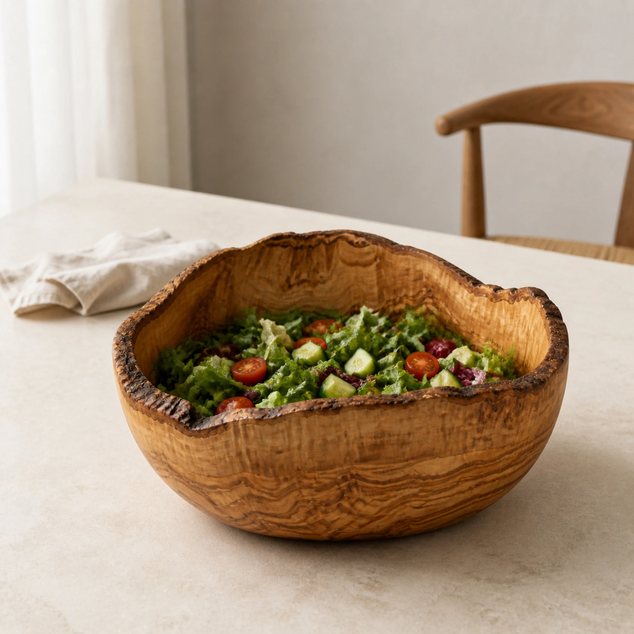 Très grand saladier rustique en bois d’olivier rempli d’une salade sur une table claire
