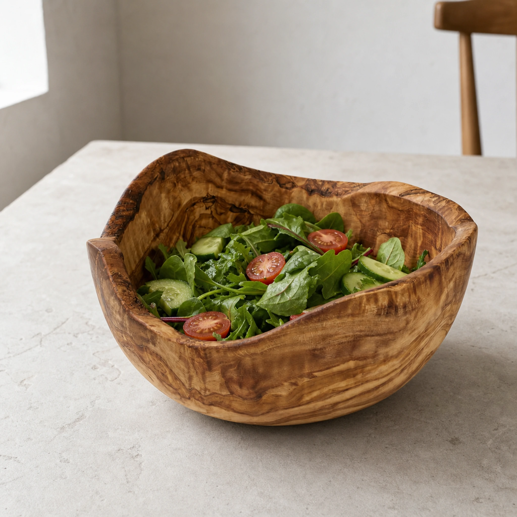 Saladier rustique en bois d’olivier rempli d’une salade sur une table claire