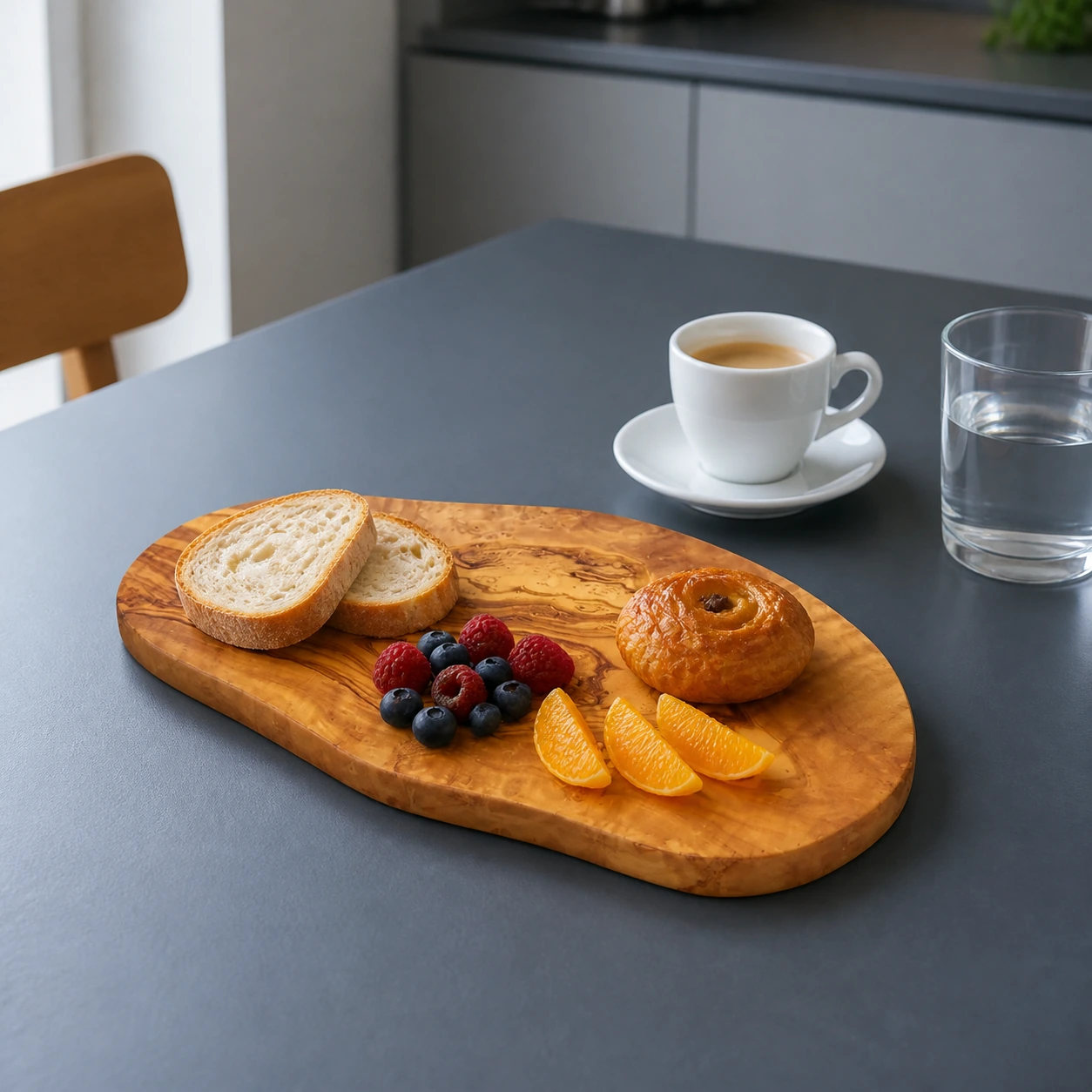 Planche en bois d’olivier présentant du pain, des fruits rouges, des quartiers d’orange et une viennoiserie