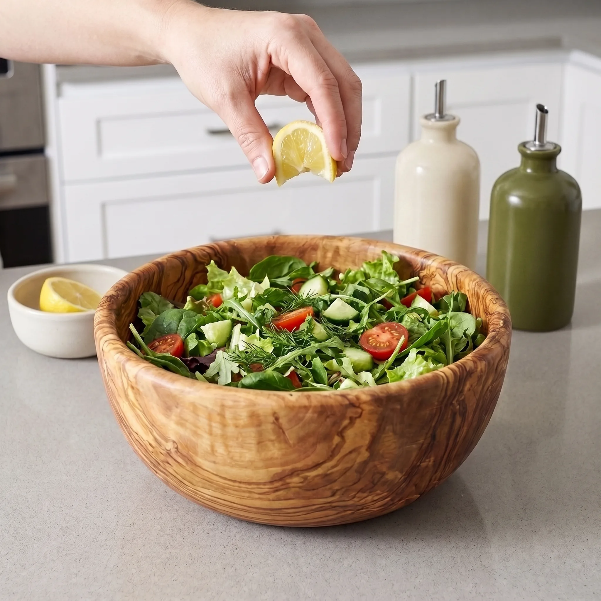 Préparation d’une salade dans un grand saladier en bois d’olivier