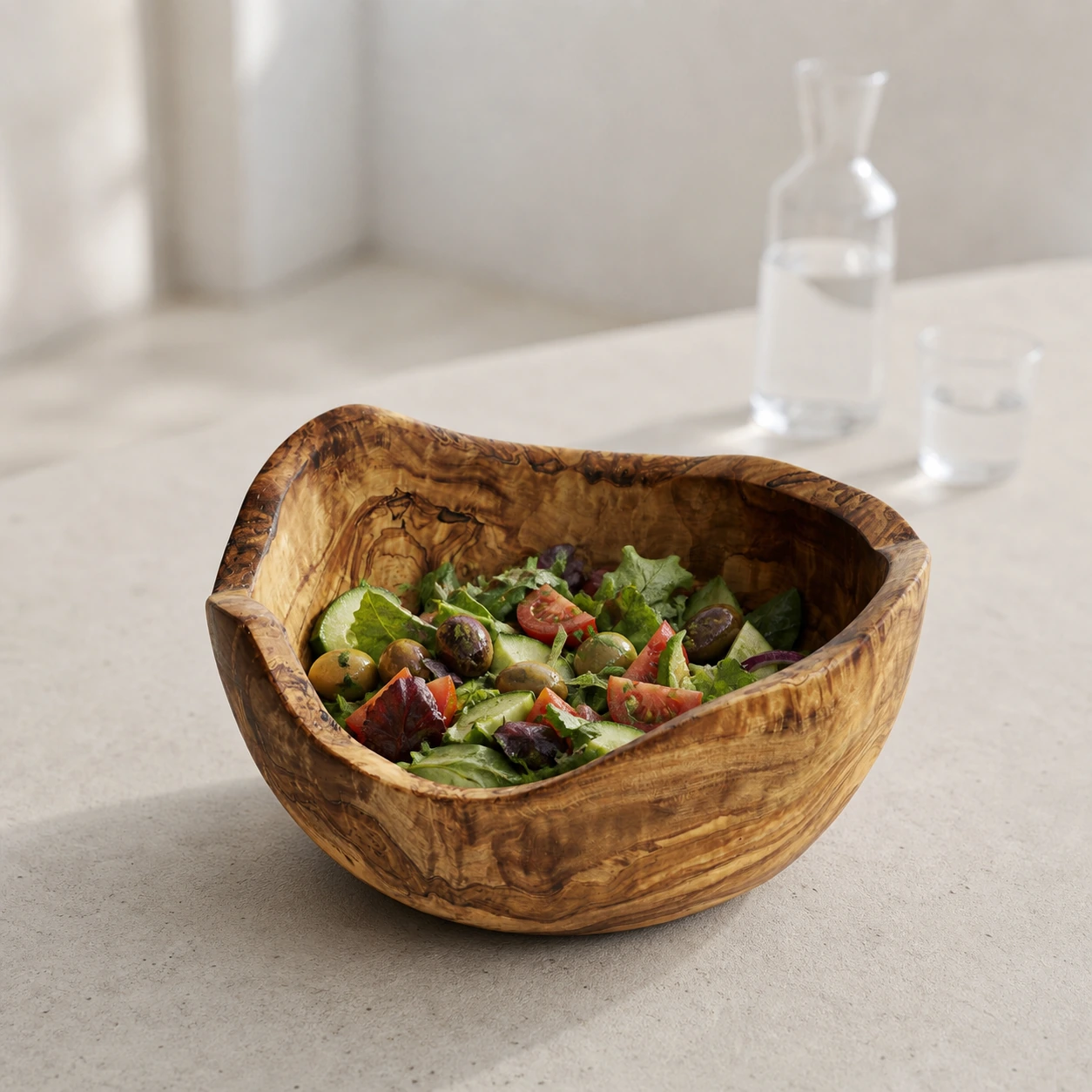 Saladier rustique en bois d'olivier rempli de salade dans une ambiance de table sobre