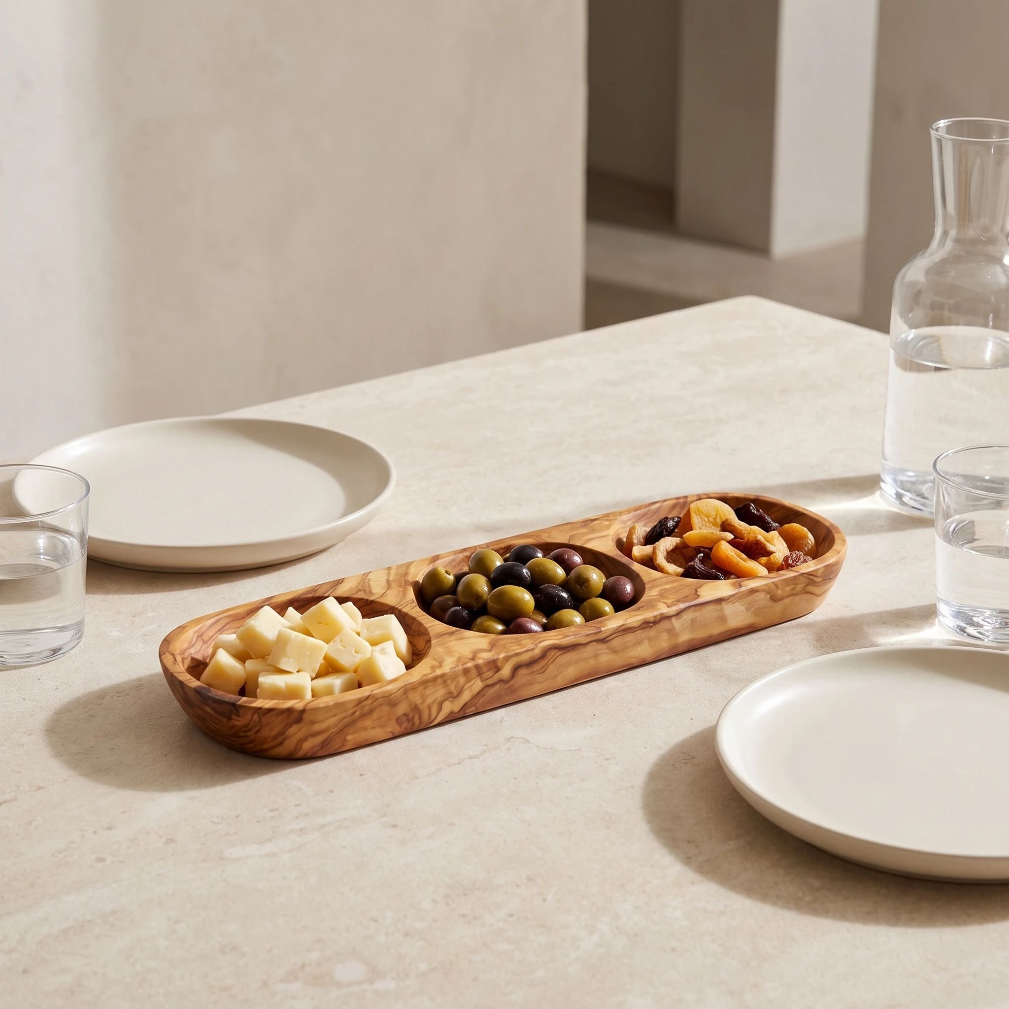 Plat à trois compartiments en bois d’olivier avec fromage, olives et fruits secs sur une table extérieure