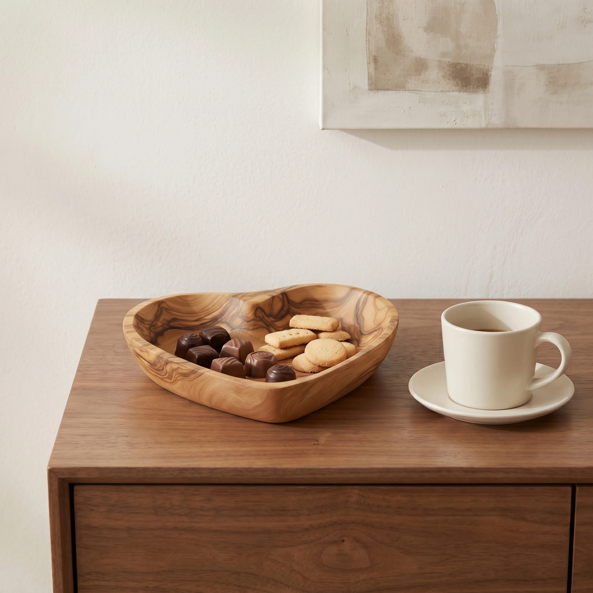 Plat cœur en bois d’olivier avec chocolats et biscuits près d’une tasse de café