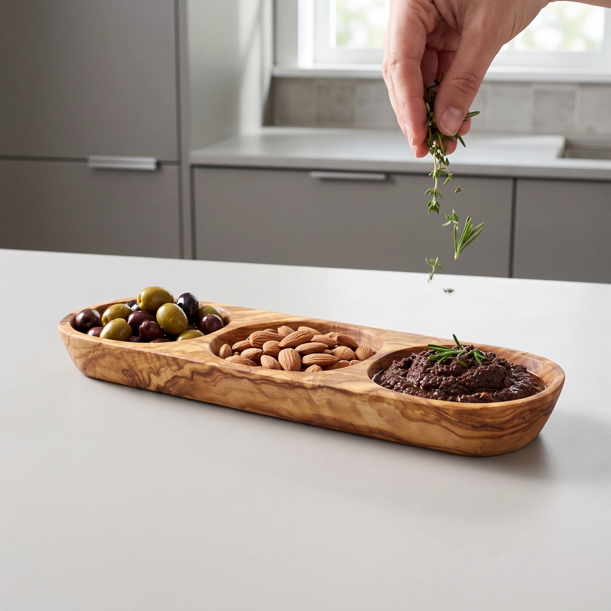 Plat à trois compartiments en bois d’olivier avec olives, amandes et tapenade dans une cuisine contemporaine