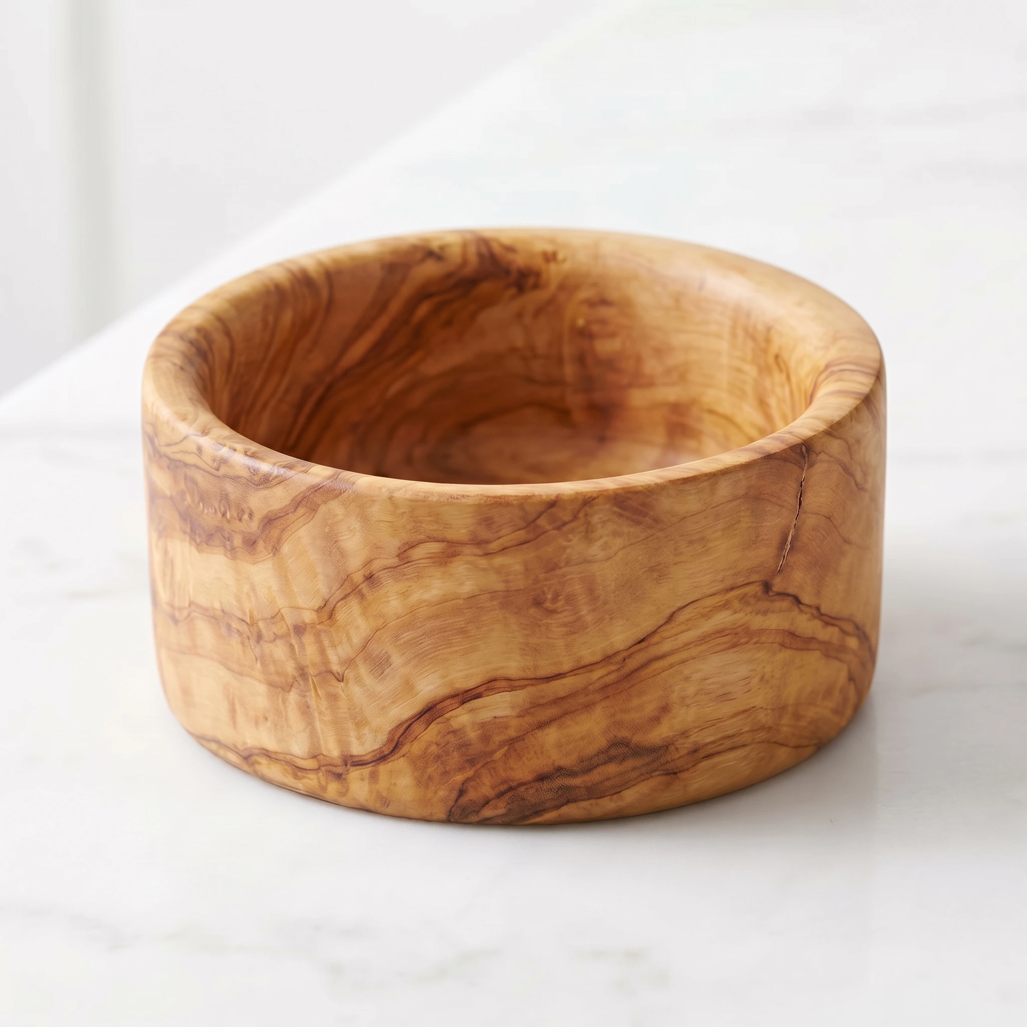 Empty olive wood snack bowl on white marble
