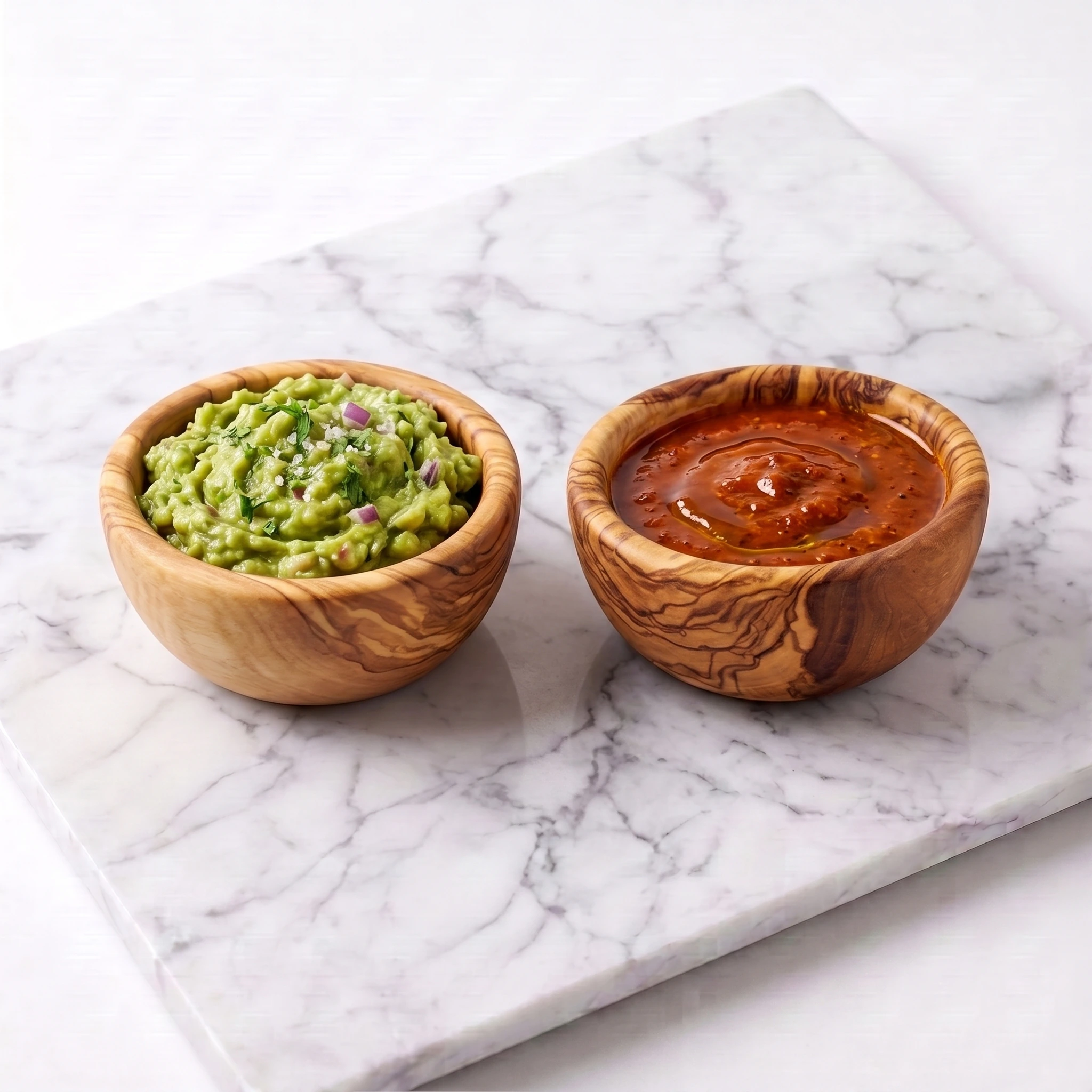 Set of 2 mini olive wood bowls with two dips