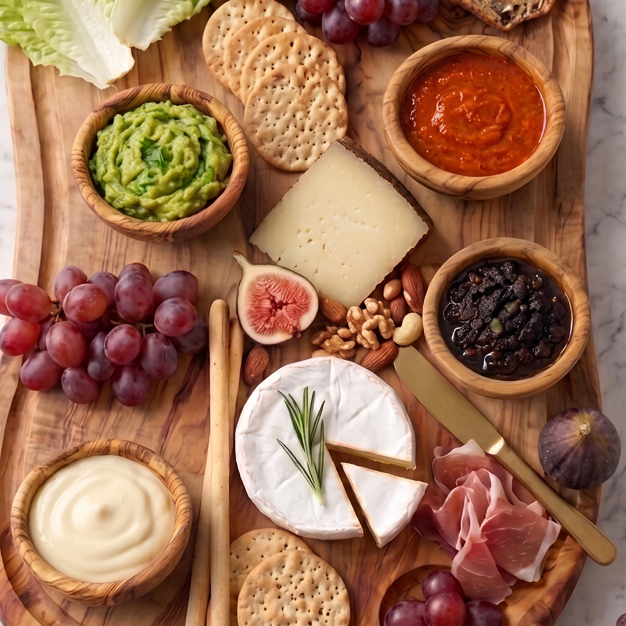 Four mini olive wood bowls on an aperitif platter