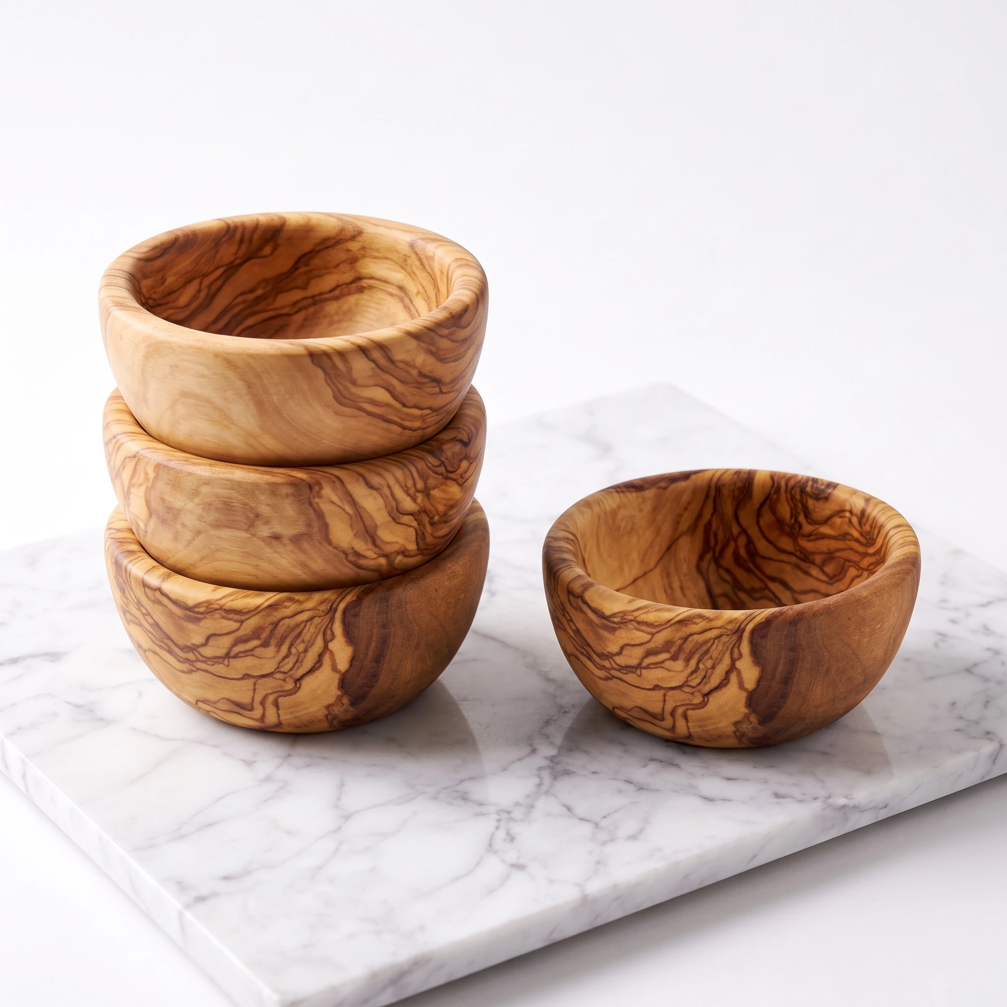 Four mini olive wood bowls, stacked and displayed