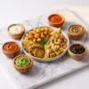 Set of 6 mini olive wood bowls around a sharing platter