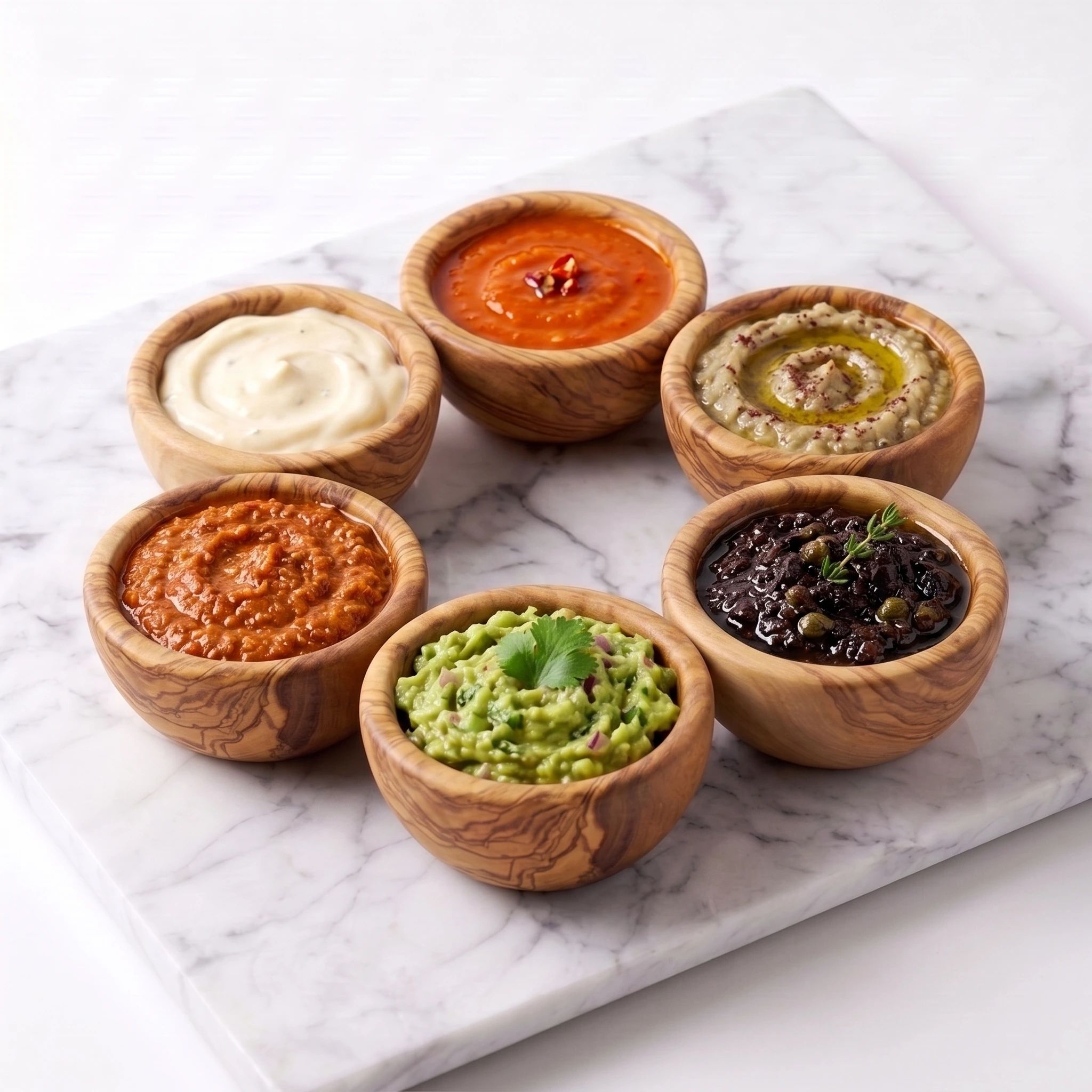 Six mini olive wood bowls filled with dips