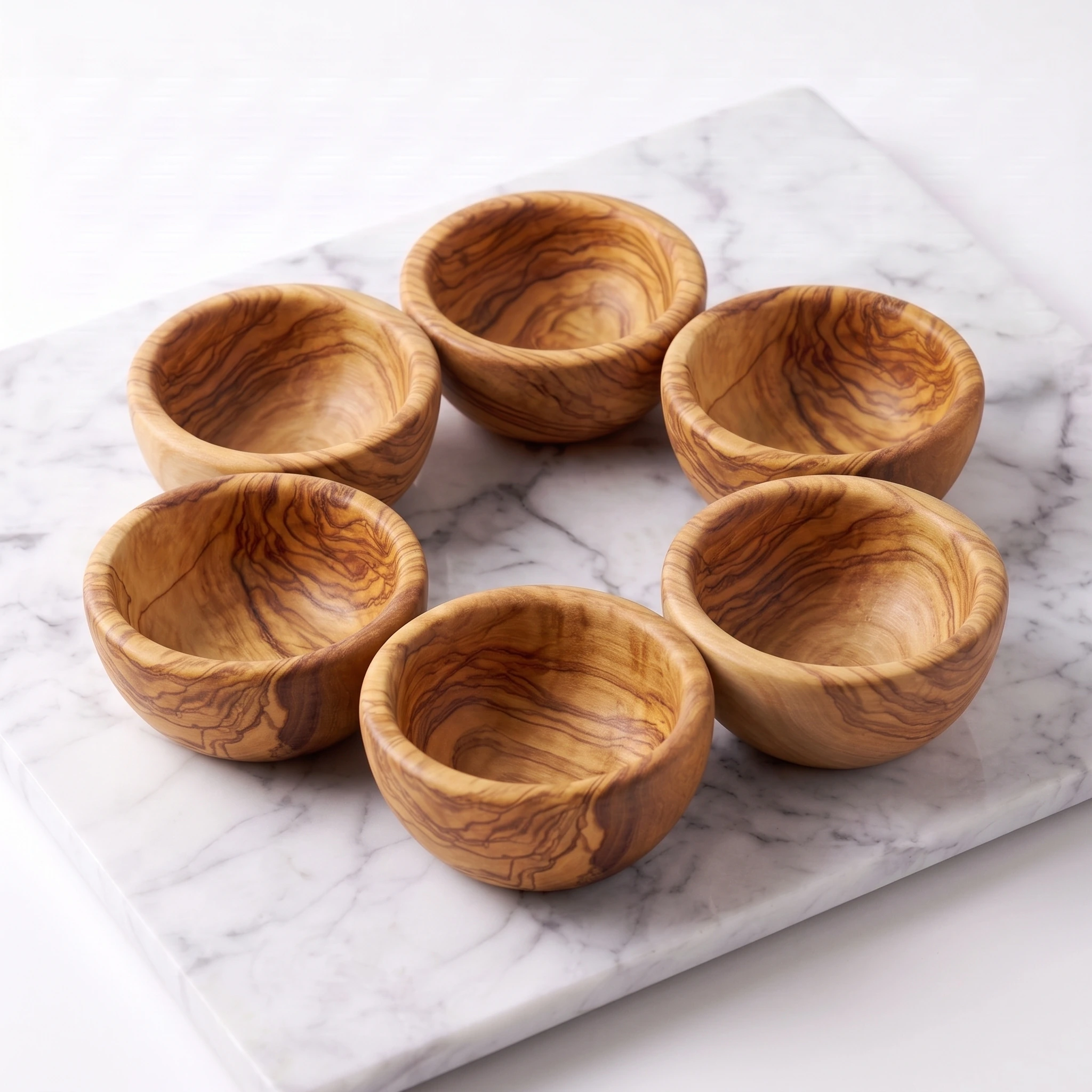 Set of 6 mini olive wood bowls, studio view