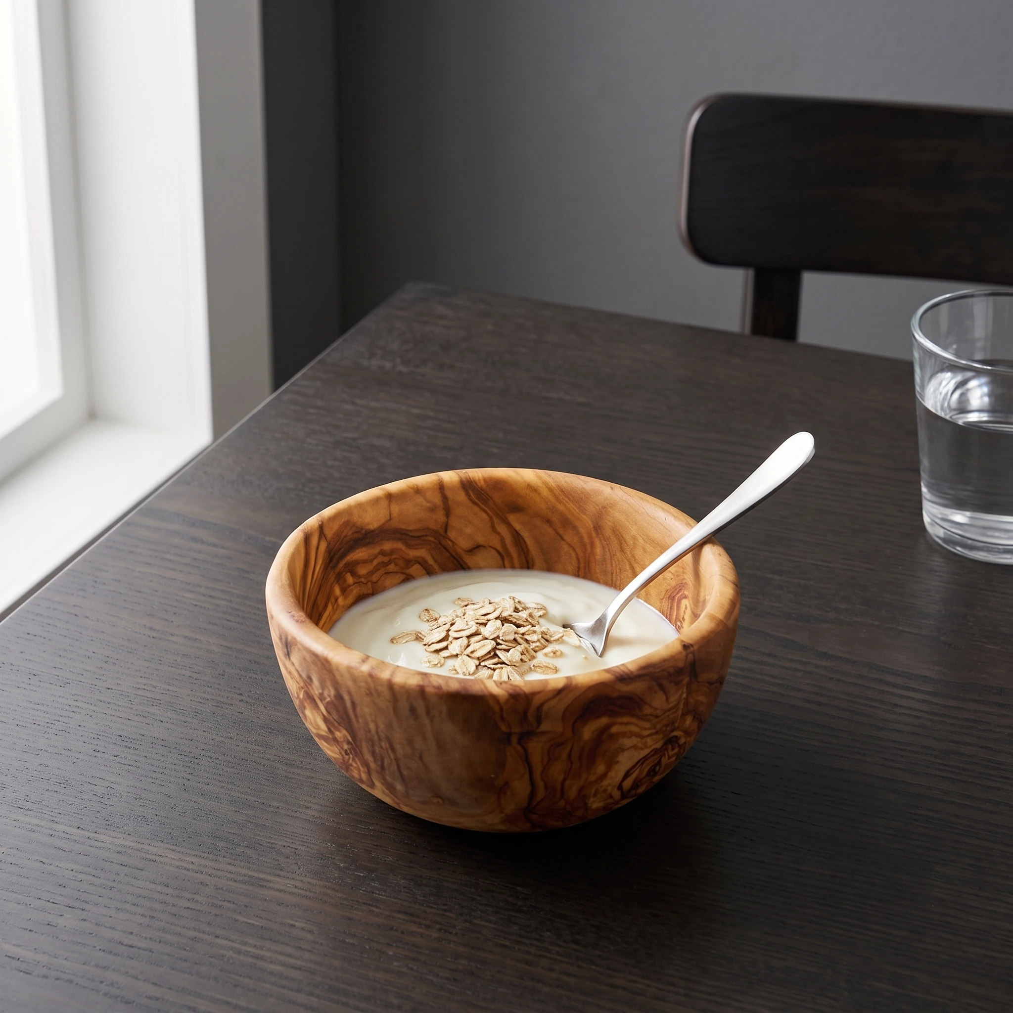 Bol rond en bois d’olivier avec yaourt et flocons d’avoine sur une table contemporaine sombre