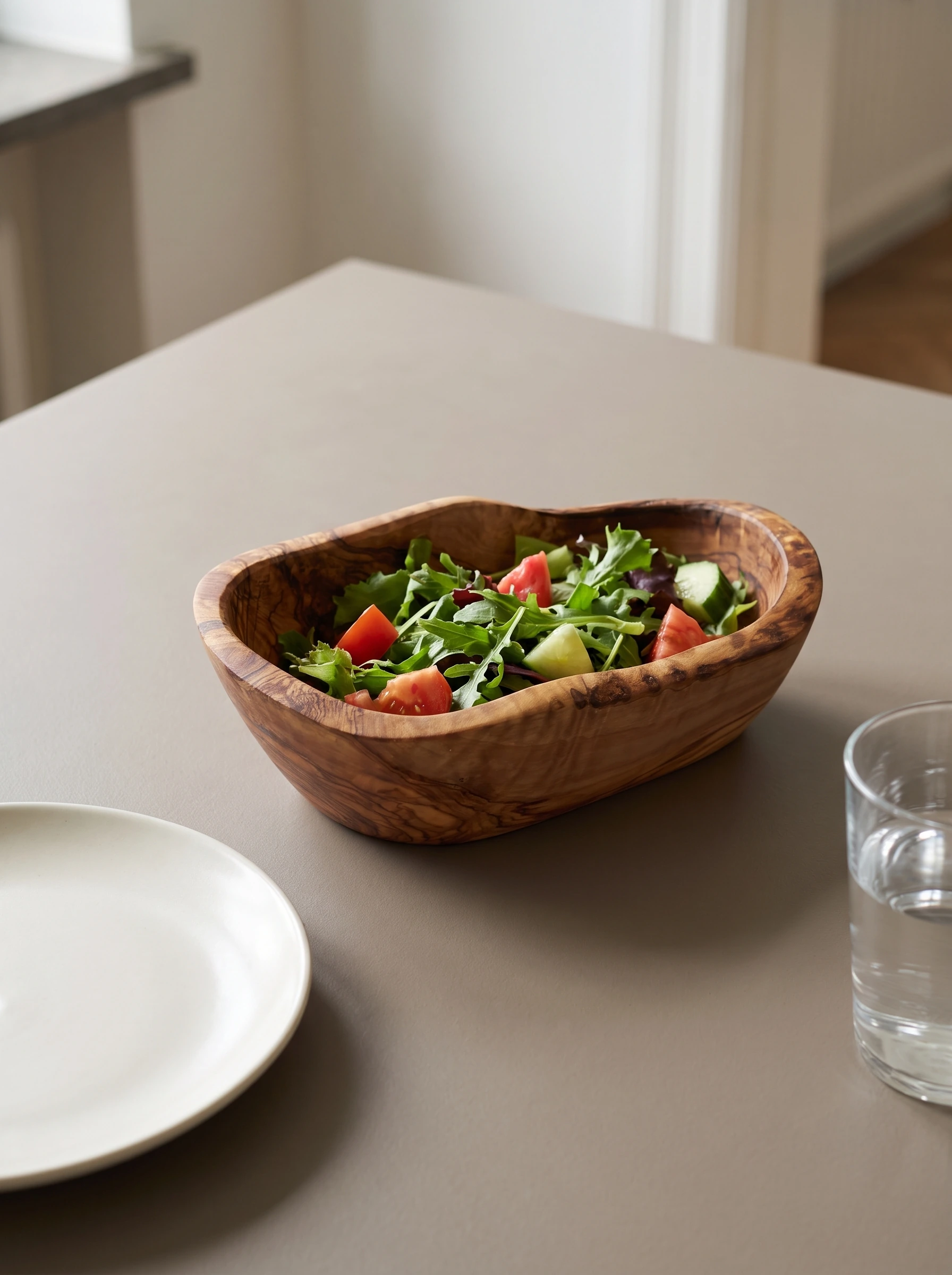 Bol de service rustique en bois d’olivier avec salade sur une table de déjeuner