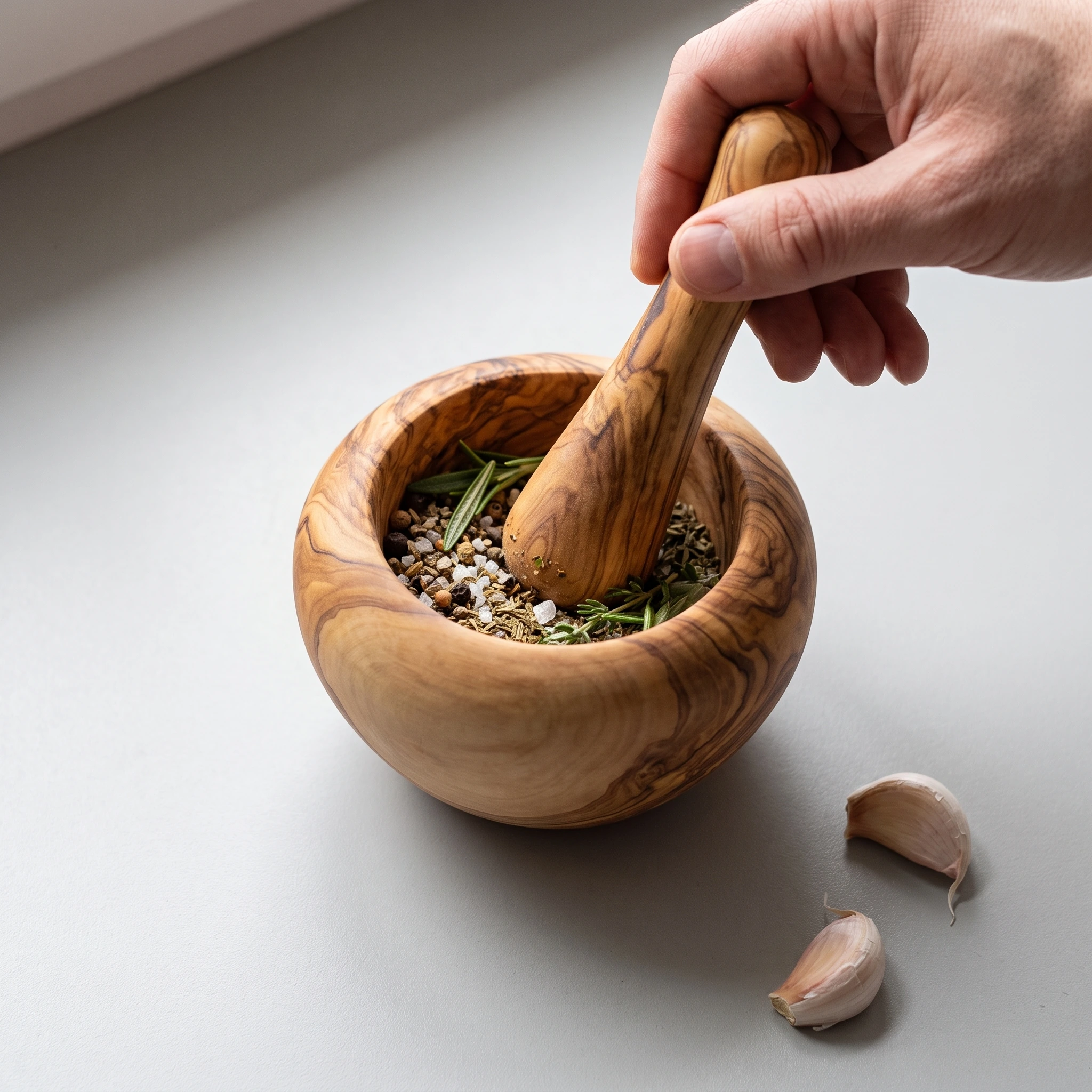Mortier et pilon en bois d’olivier utilisés avec épices et herbes sur un plan de travail