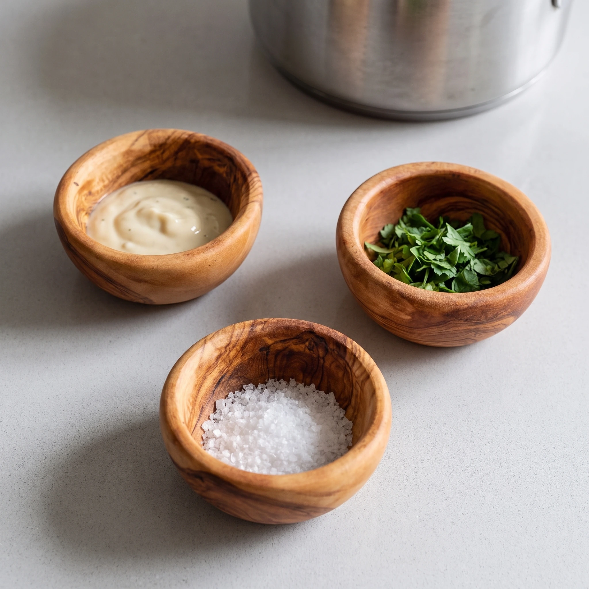 Three small olive wood bowls with sauce, herbs and salt on a kitchen counter