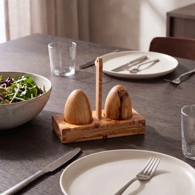 Olive wood salt and pepper shakers with stand on a set dining table