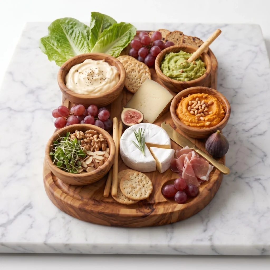 Planche rectangulaire en bois d’olivier garnie d’un assortiment apéritif sur marbre blanc
