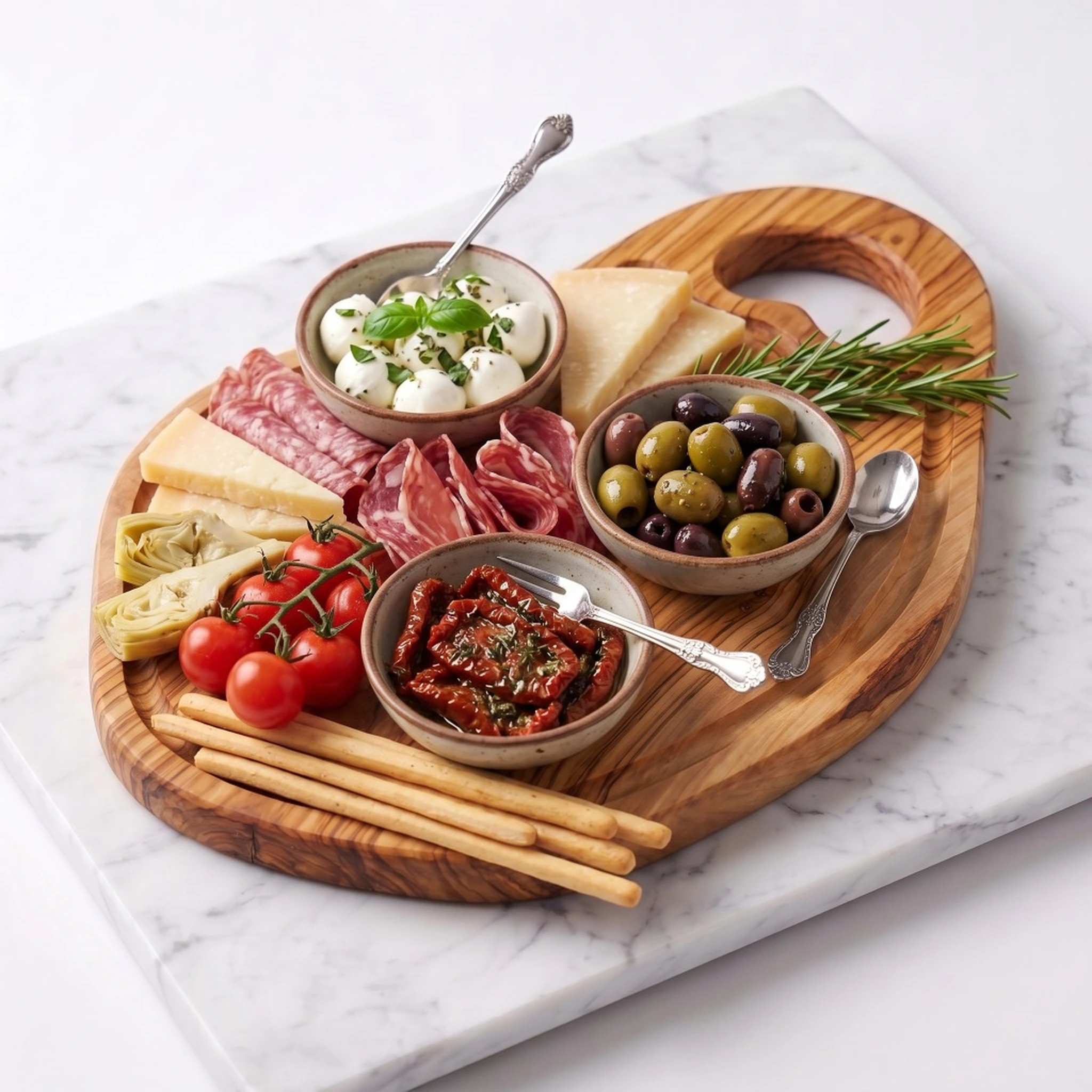 Planche en bois d’olivier garnie d’un assortiment apéritif avec coupelles