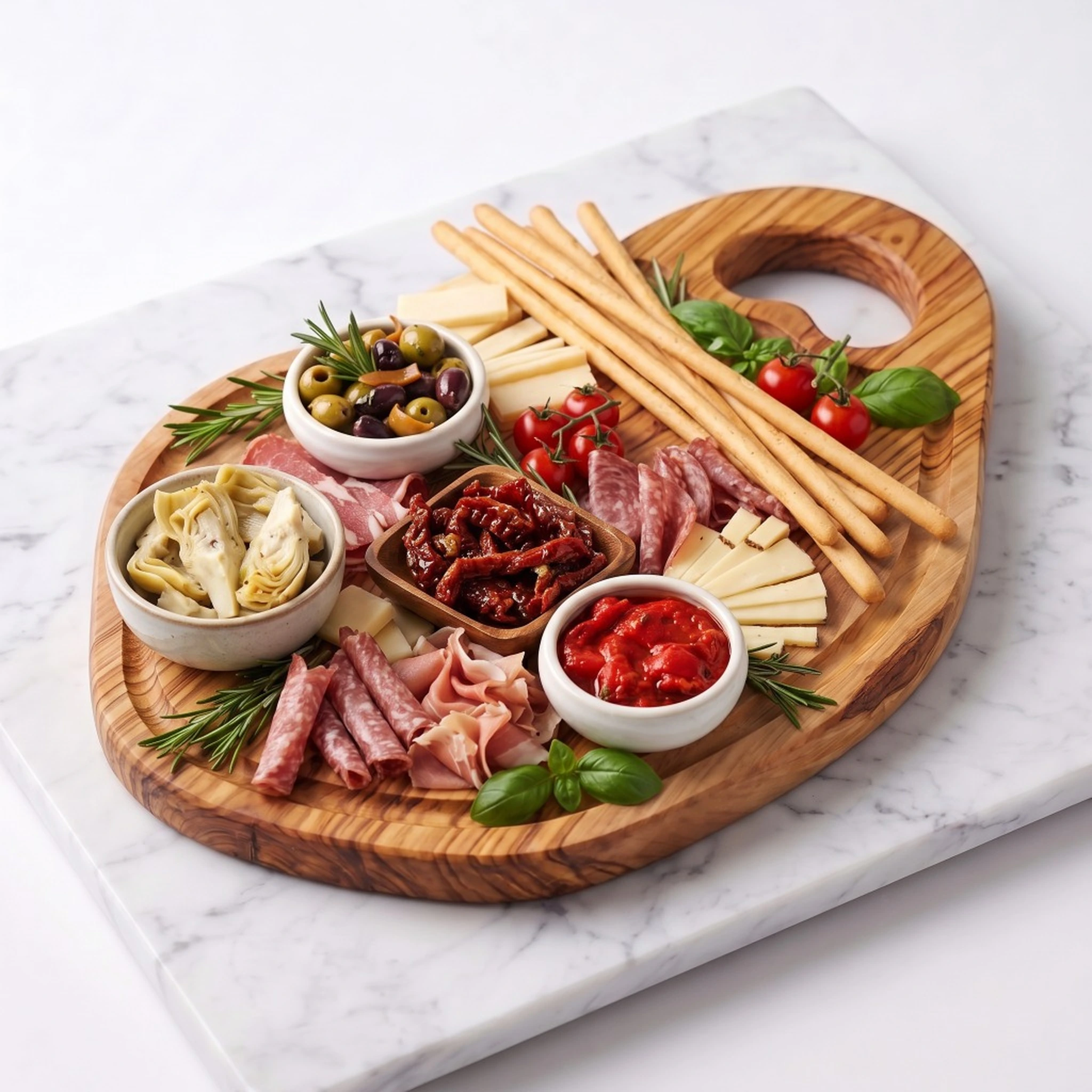 Planche en bois d’olivier avec assortiment apéritif et gressins