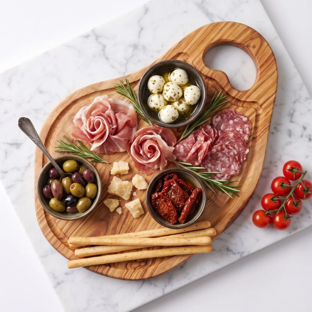 Planche en bois d’olivier garnie de charcuterie, olives et fromages