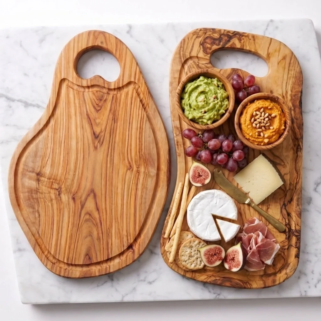 Deux planches en bois d’olivier présentées avec un assortiment apéritif sur marbre blanc