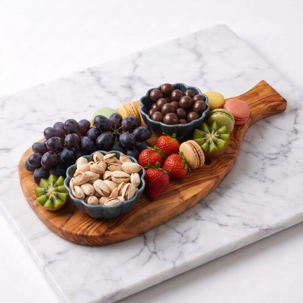 Planche en bois d'olivier CB-02 présentant raisins, fraises, kiwis, macarons et pistaches