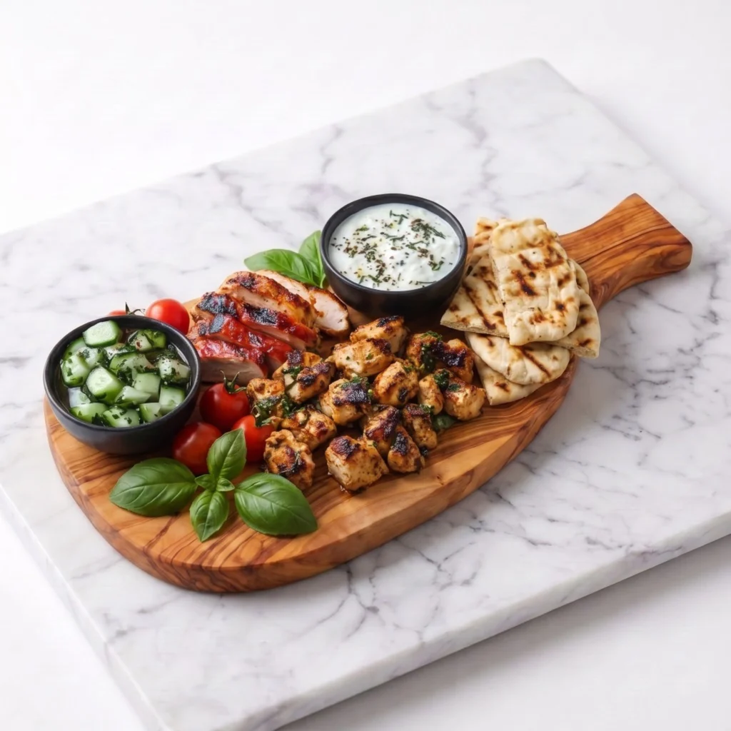 Planche en bois d'olivier CB-02 dressée avec morceaux de poulet grillé, pain pita, tzatziki et salade