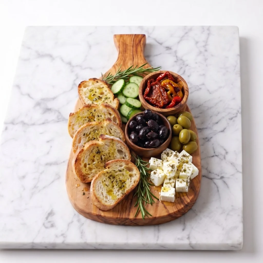 Planche à charcuterie et présentation en bois d'olivier CB-02 garnie de tartines grillées, feta, olives et tomates séchées