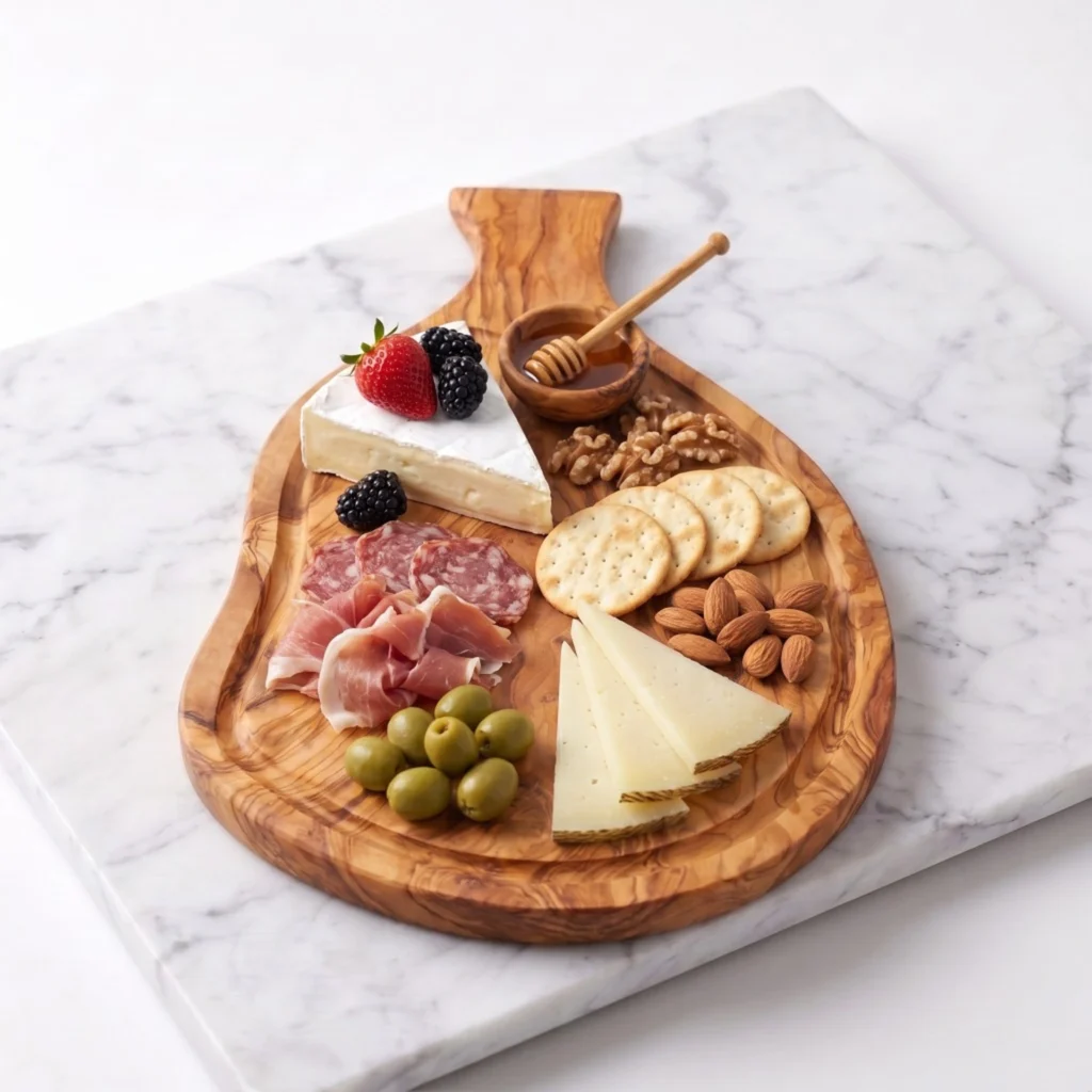 Planche en bois d'olivier CB-03 dressée avec brie, fruits rouges, miel, crackers et amandes
