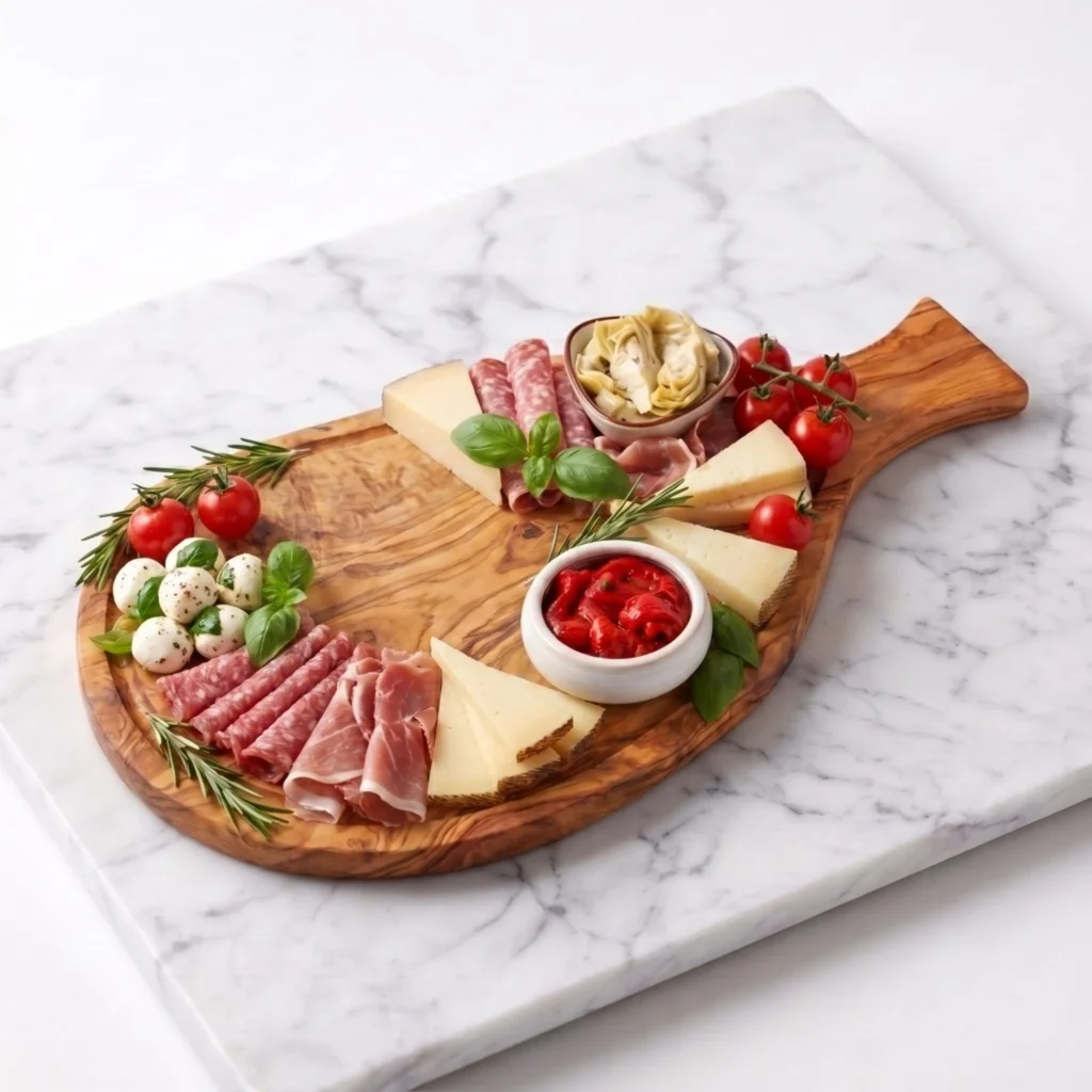 Planche en bois d'olivier CB-03 garnie de charcuterie italienne, mozzarella, tomates et poivrons