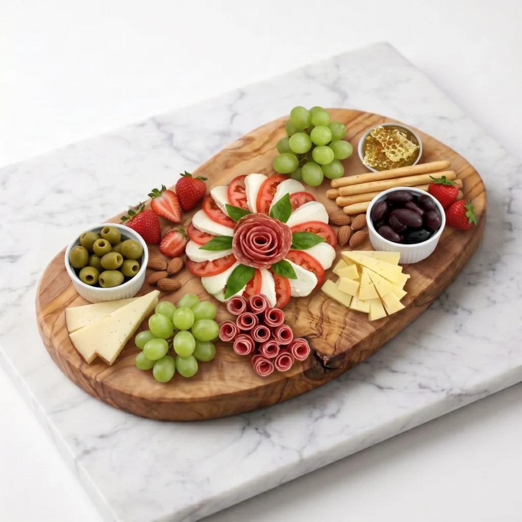 Planche ovale en bois d’olivier garnie de fromages, raisins et charcuterie