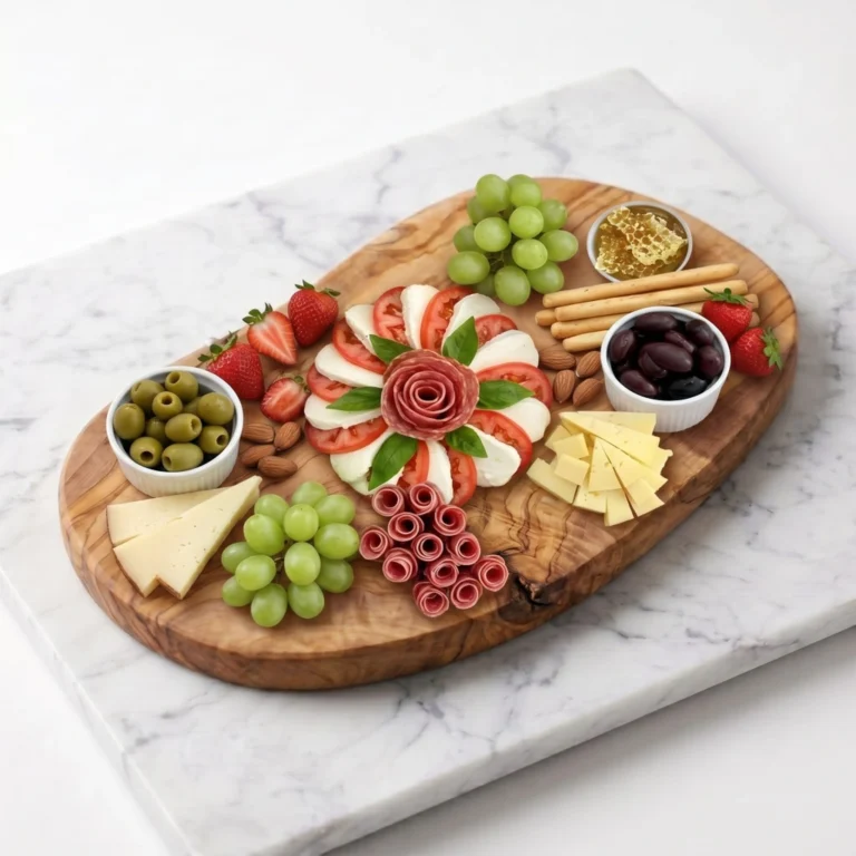 Planche ovale en bois d’olivier garnie de fromages, raisins et charcuterie