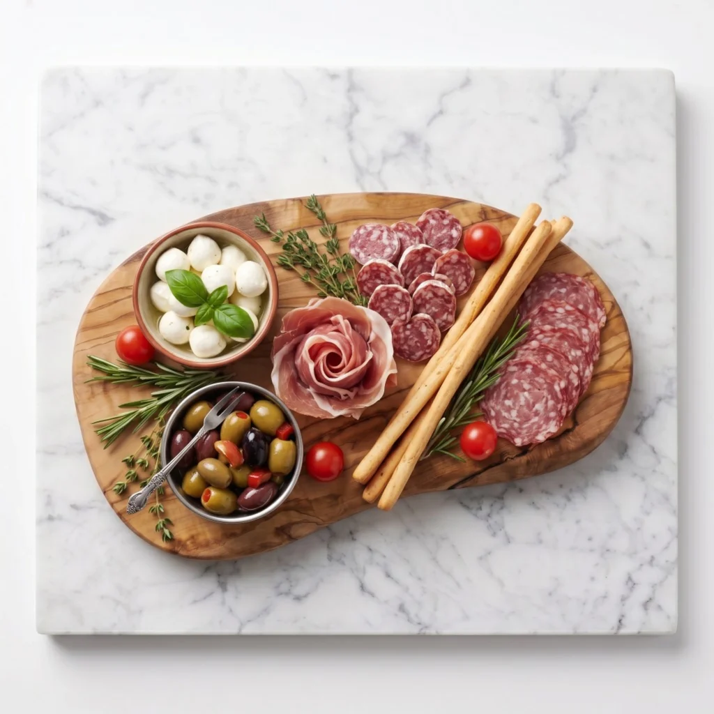 Planche ovale en bois d’olivier garnie de charcuterie, fromage et gressins