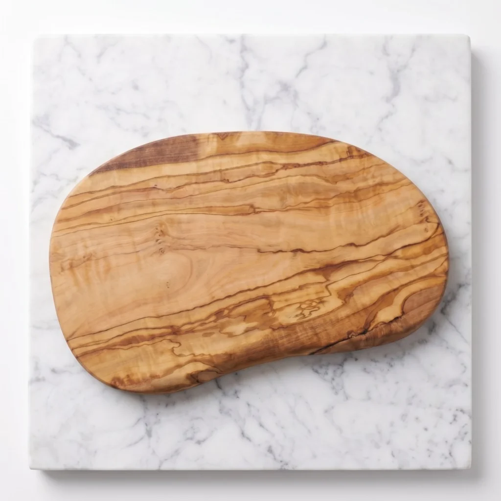 Planche ovale en bois d’olivier vide, vue plongeante sur marbre blanc