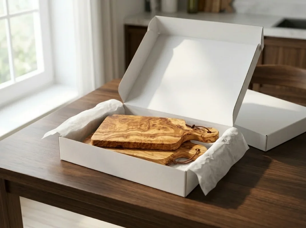 Planches en bois d’olivier dans un coffret ouvert avec papier de protection